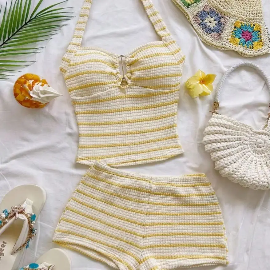 Summer striped halter neck waffle 2-piece knit set - a sexy beach outfit for a vacation vibe. - view 4
