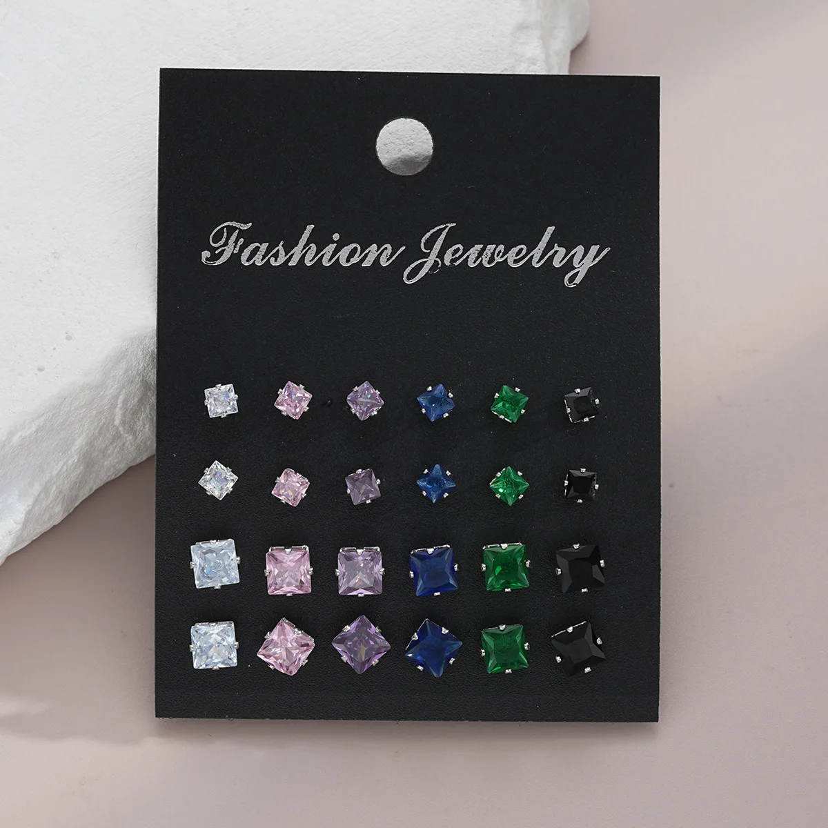 Premium Square Zircon Stud Earrings Set Minimalist Chill Style 12 Pcs Simple Versatile for Women Commute