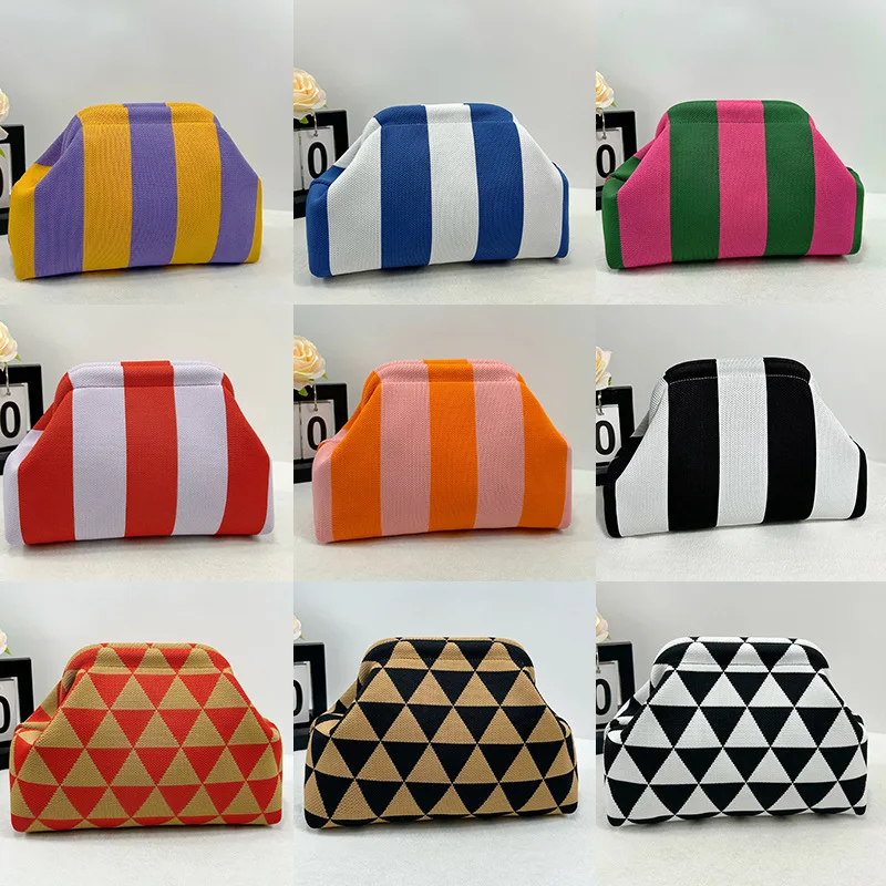 Summer Beach Clutch Bag for Women Woven Crochet Handbags Purses Knitting Dumpling Clutch Ruched Cute Cloud Casual Colorblock Bag