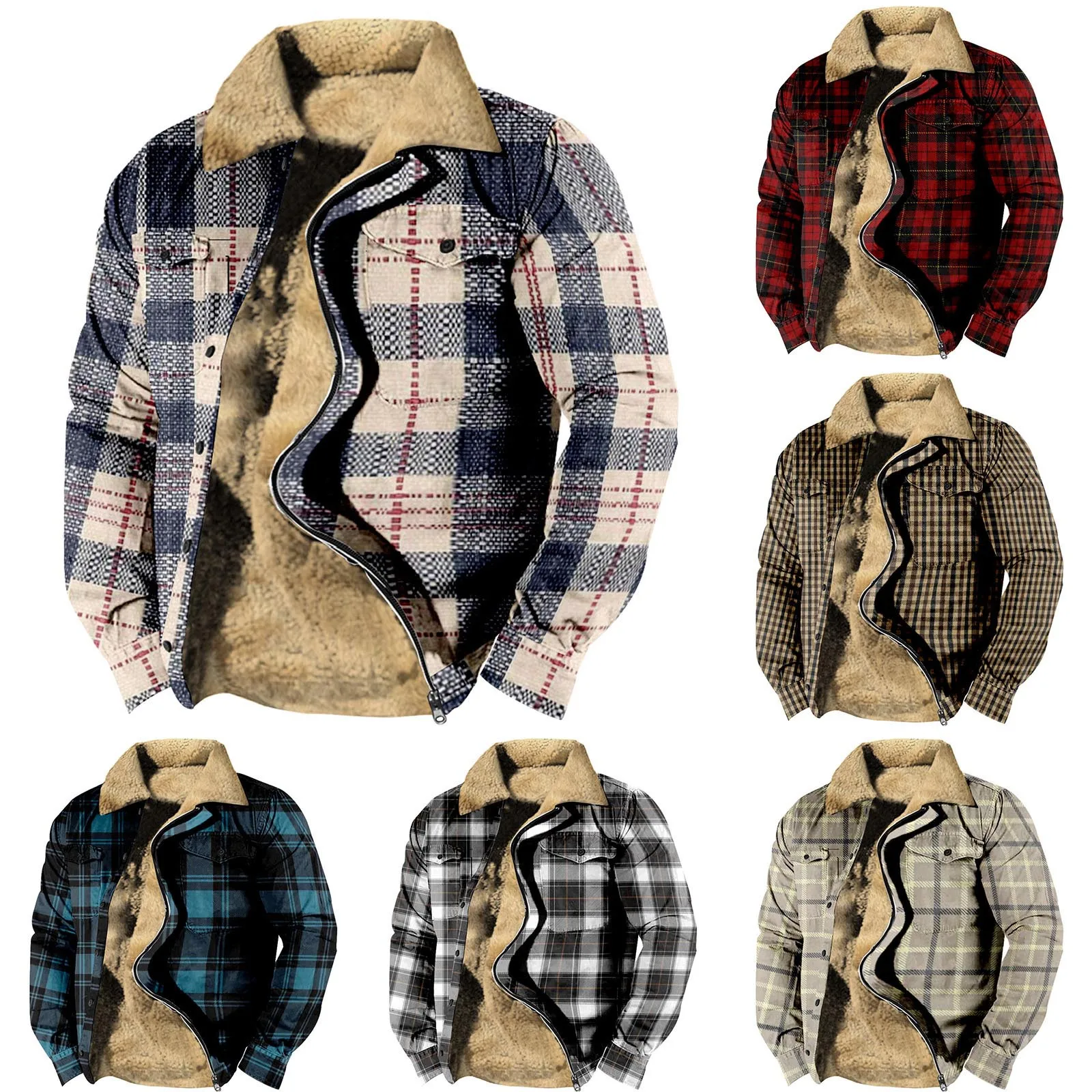 2023 Autumn Winter Men\'s Fleece Plaid Jacket Plush Thick Warm Coat High Quality Fashion Male Hooded Outerwear Plush Overcoats