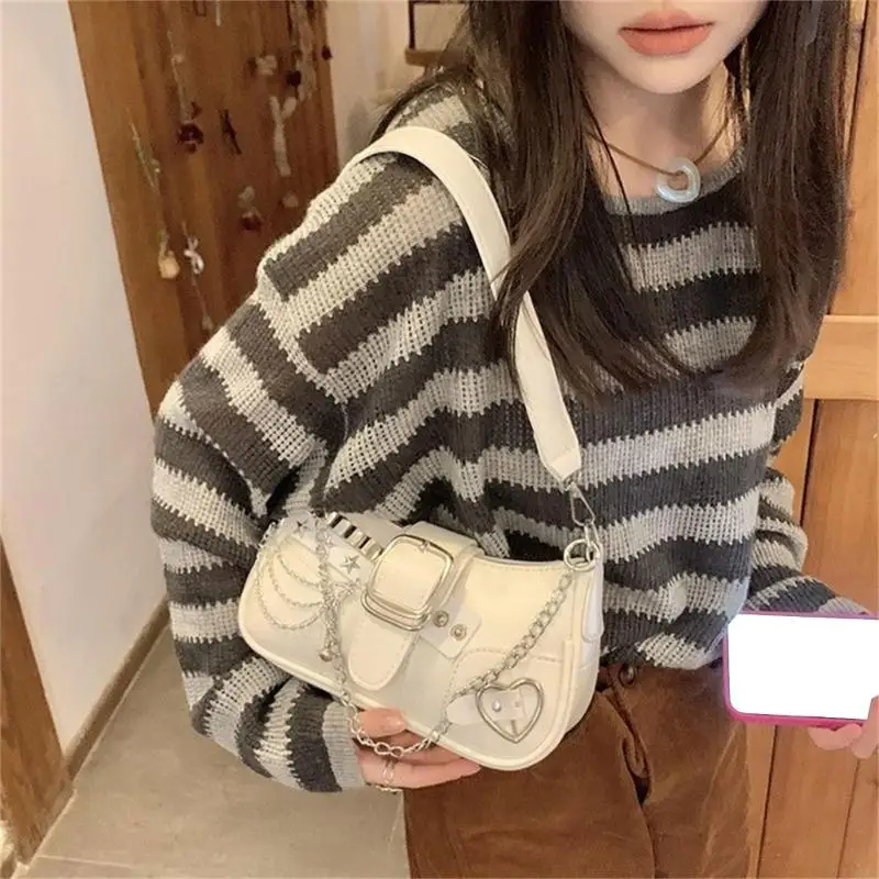 Y3NE Punk Metal Chain Shoulder Bag with Zippered for Women Grunge Star Rivets Heart Buckled Underarm Handbag Armpit Bag Purse