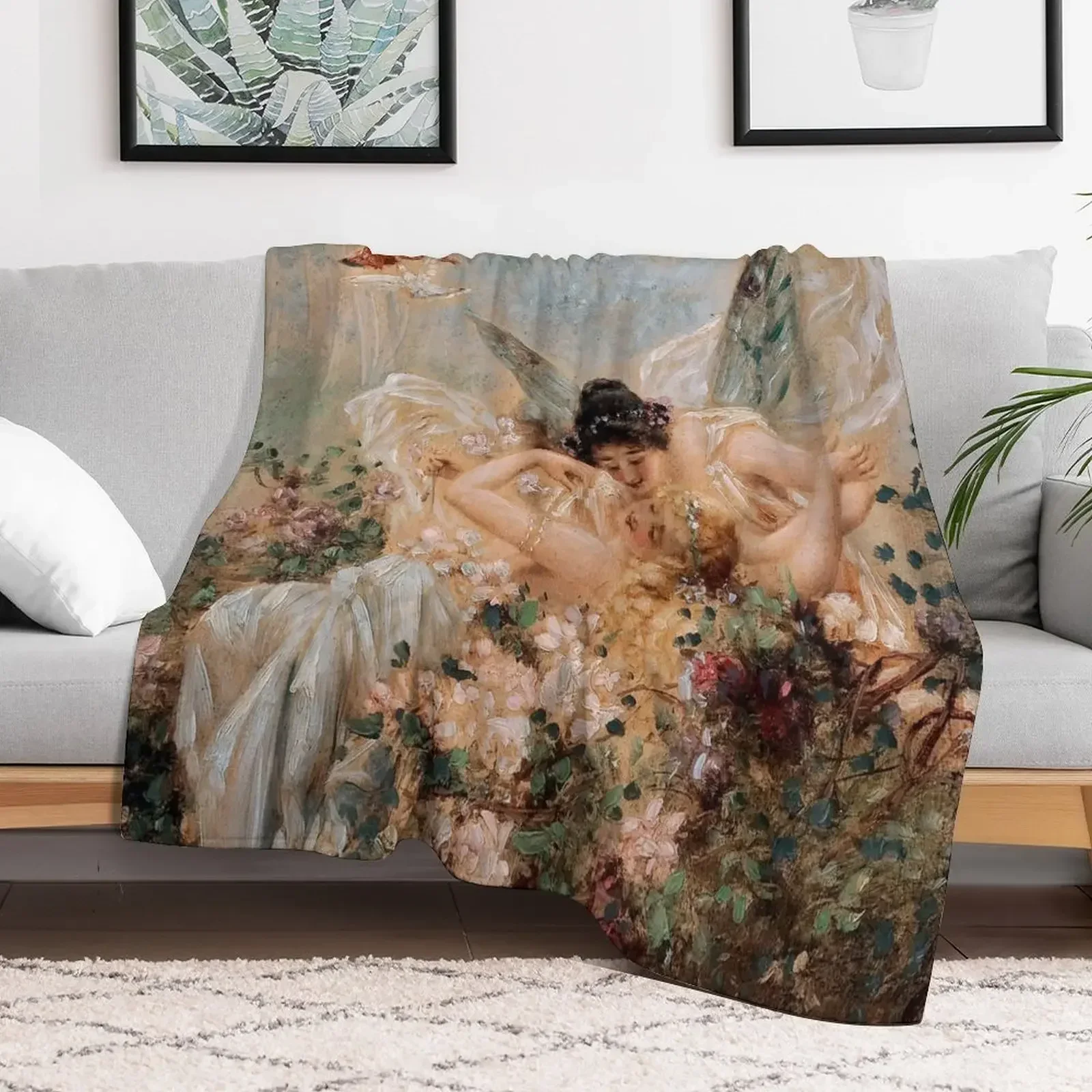 

Two Fairies Embracing in a Landscape with a Swan by Hans Zatzka Throw Blanket warm for winter Bed covers Blankets