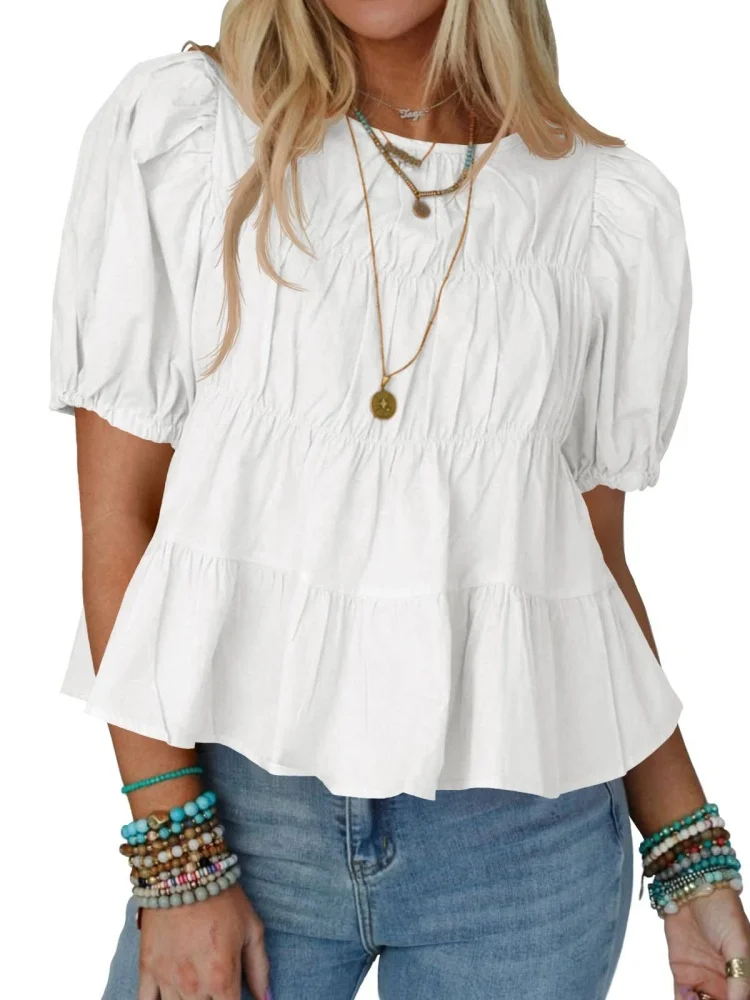 Women's Puff Sleeve Ruffled Blouse Round Neck Tiered Ruffle Loose Fit Short Sleeve Casual Summer Top Multi Colors