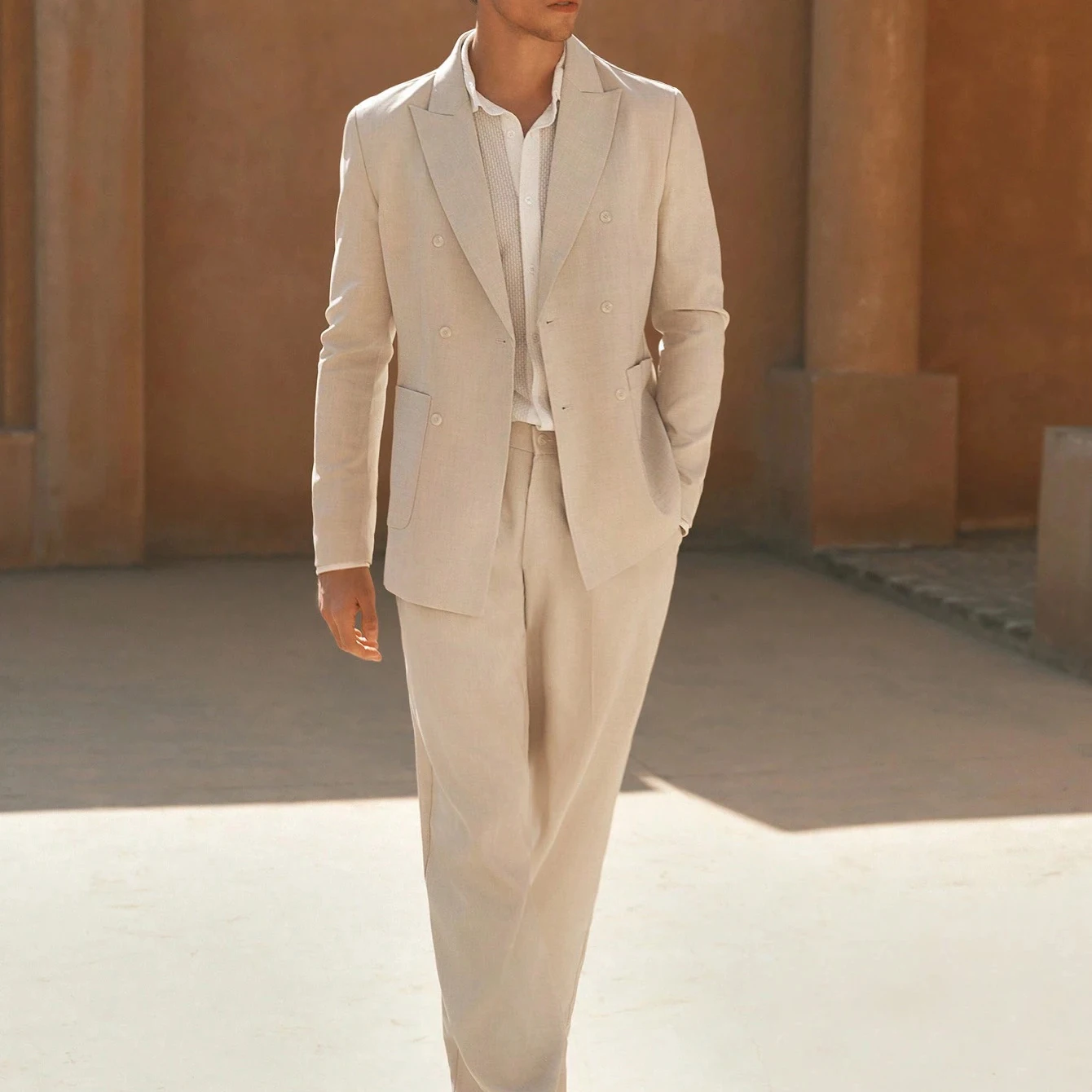 Linen Fashion Wedding Suits For Groom Peaked Lapel Double Breasted Tuxedos 2 Pcs Jacket Pants Party Prom Customized