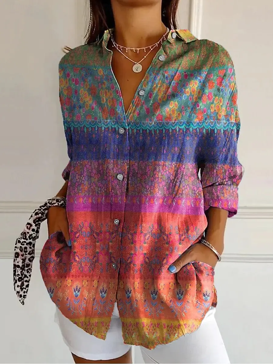 Women's Floral Graphics Elegant Vintage Tropical Printed Long Sleeve Shirt Casual Regular Tops Button Down Shirts Vintage Shirts