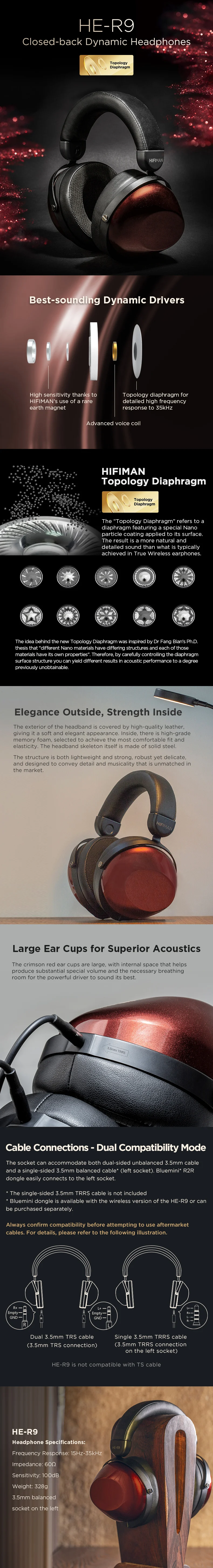 Dynamische Over-Ear-Kopfhörer HIFIMAN HE-R9 mit geschlossener Rückseite und Topologie-Membrankabelversion – Detail 2