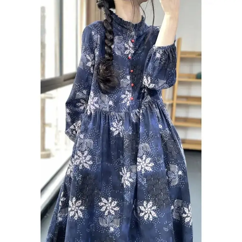 Fashion Stand Collar Spliced Loose Folds Printed Vintage Dress Women\'s Clothing 2024 Spring New Oversized All-match Midi Dress