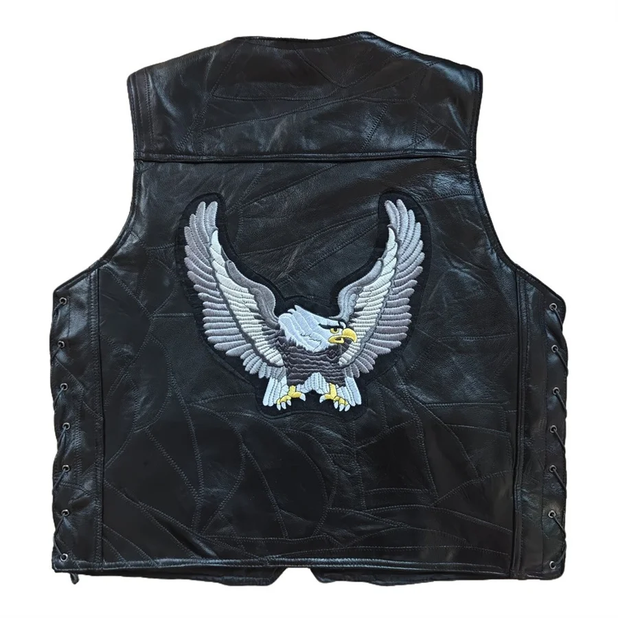

Eagle Embroidered Badge Men Real Leather Vests Lace-up Sleeveless Jacket Motorcycle Riding Biker Waistcoat Streetwear Vest