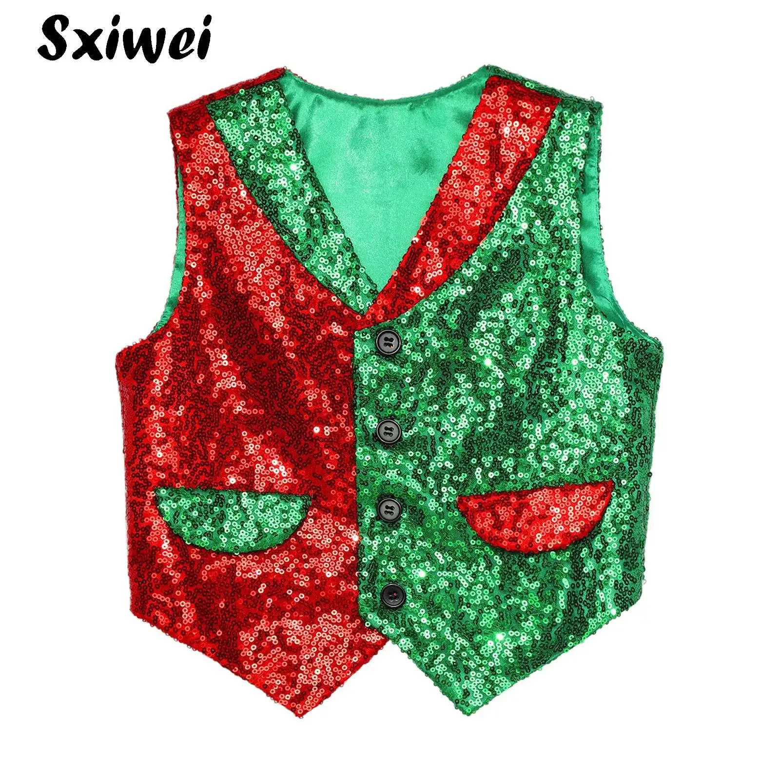 

Boys Girls Christmas Santa Elf Waistcoat Shiny Sequins Halloween Performance Party Jazz Disco Hip Hop Dance Vests Jacket Top