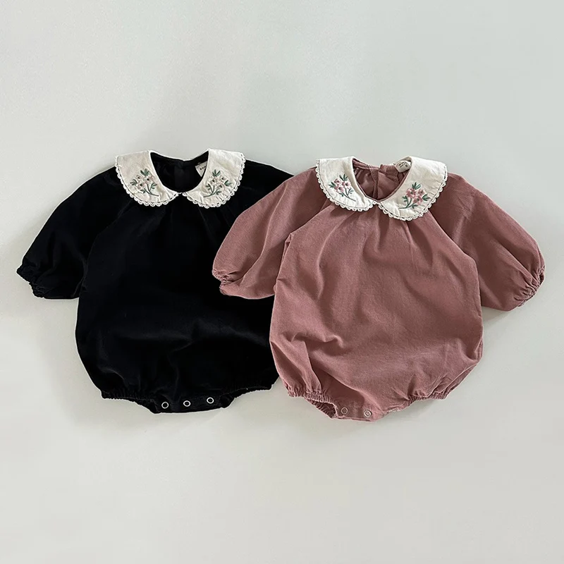 2024 New Autumn Children Clothes Newborn Baby Girls Bodysuits Long Sleeves Corduroy Flower Embroidery Korean Style Climbing Suit