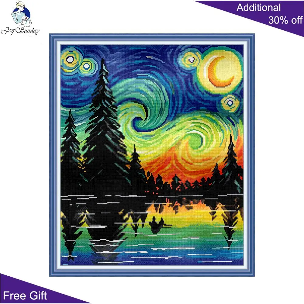 Joy Sunday Starry Sky cross stitch kit printed canvas FA379 Home Decor Moon Forest Creek Embroidery DIY Cross-Stitch