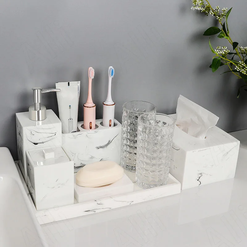 Northern Europe Resin Bathroom Accessories Marble Texture Desktop Hand Sanitizer Home Soap Bottle Five-piece Bathrooms Sets