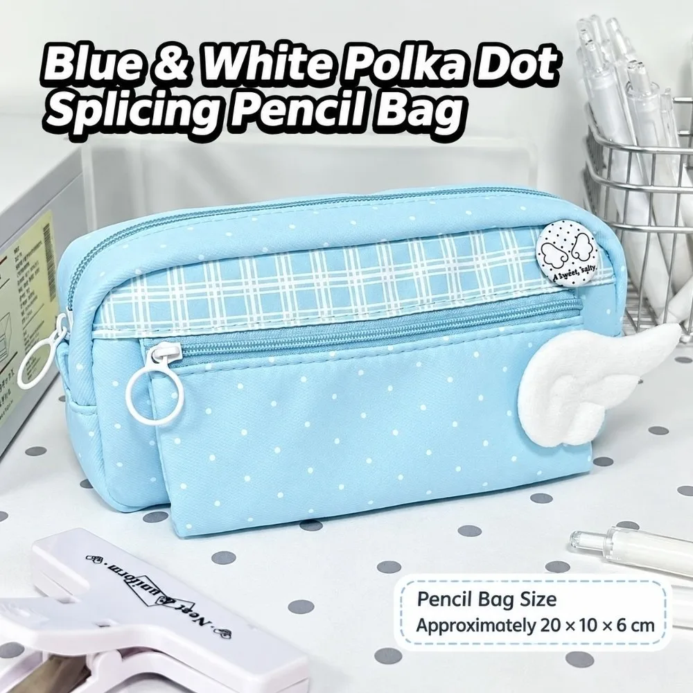 Cute Polka Dot Print Pencil Pouch Plaid Splicing Large Capacity Pen Bag Multi Compartment Stationery Storage Bag Gift