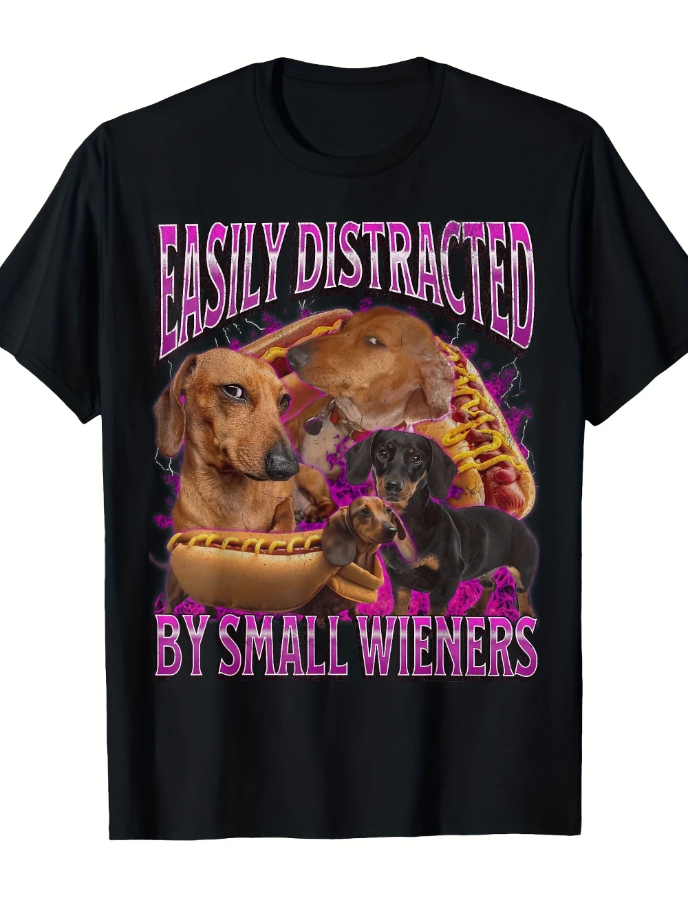 Funny Easily Distracted By Small Wieners Dachshund Graphic T-Shirt 220gsm Heavyweight Retro Men's T-shirts for Summer