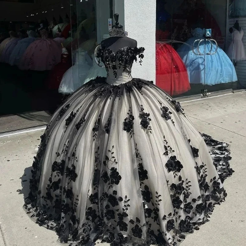 

Black Quinceanera Dresses Princess Sweet 16 Years Girl Birthday Party Dresses With Appliques Flowef Vestidos 15 De Quinceañera