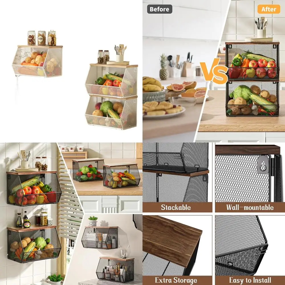 

Wall-Mounted Stackable Wire Baskets with Wooden Lids for Kitchen, Ideal for Fruits, Vegetables, and Root Storage