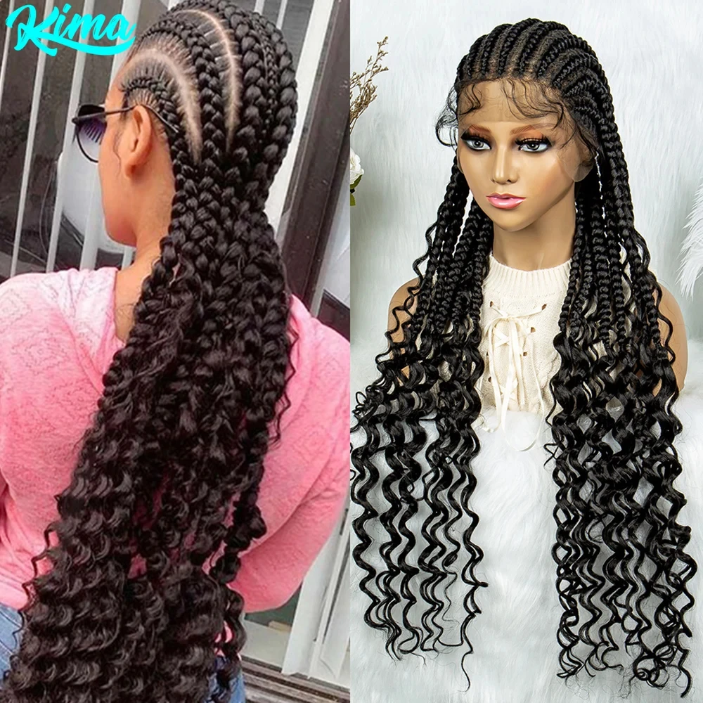 KIMA Synthetic Cornrow Braided Wig Full Lace Wigs Water Wavy Lace Front Wig with Baby Hair for Black Women