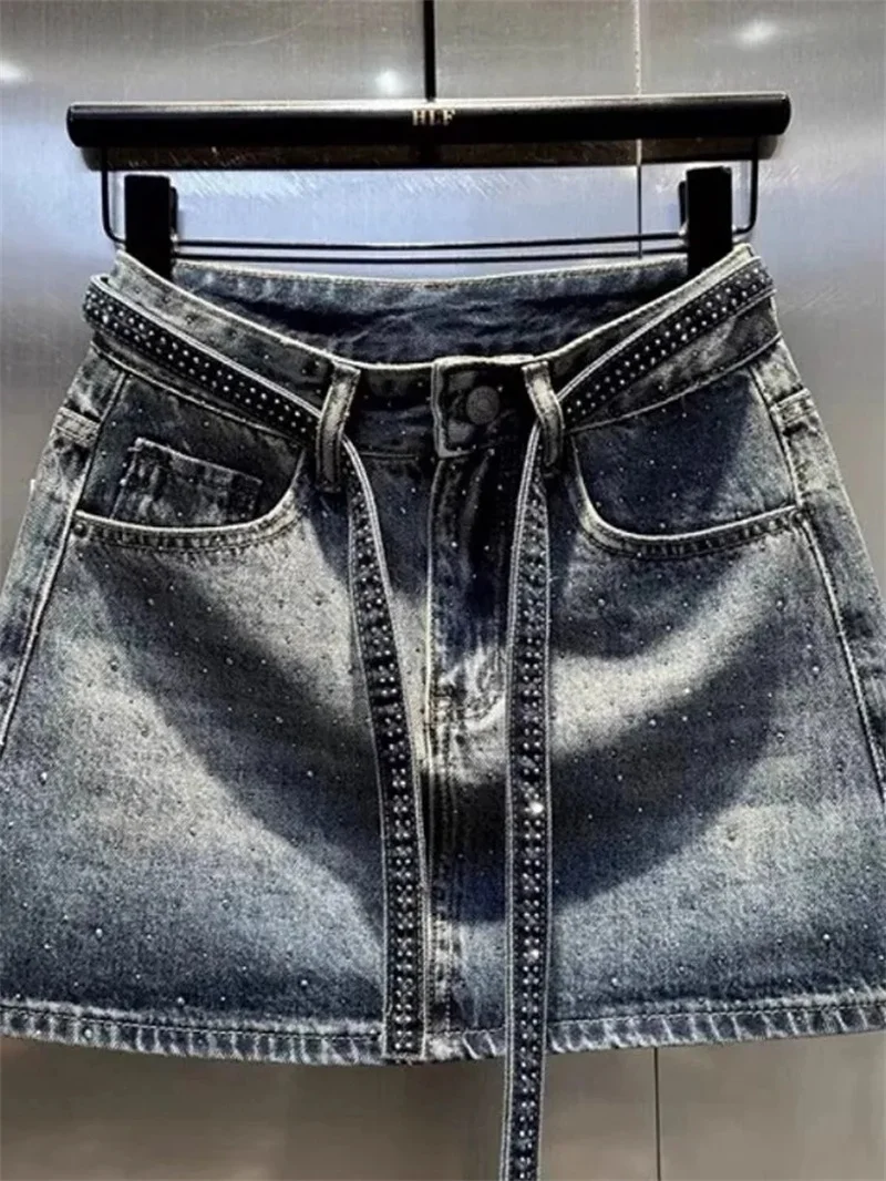 

Women's Dress Design Sense Skirt Summer New Heavy Hot Drilling Fashion Slim Girls Fashion Joker Unique Button Zipper Denim Skirt