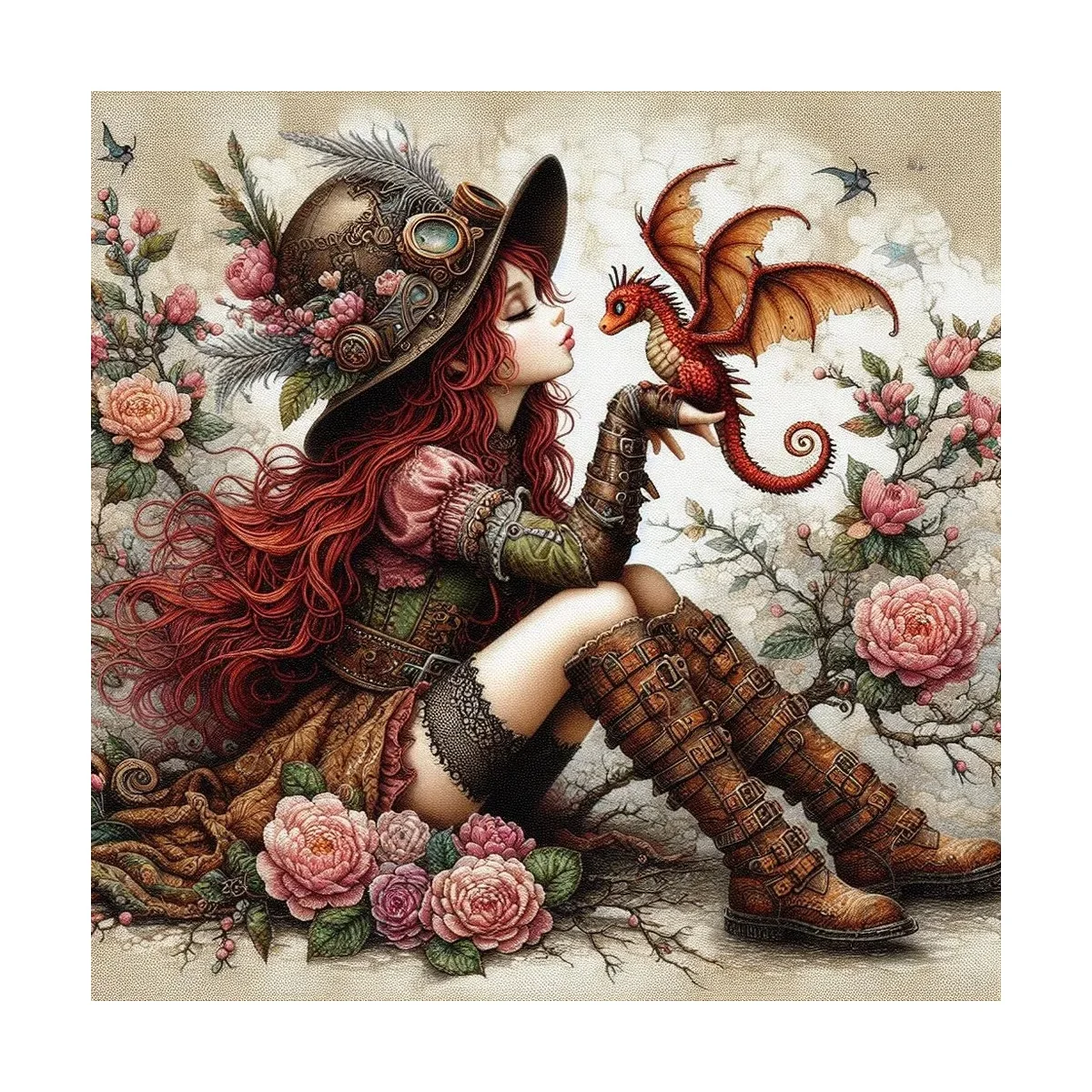 1 Stück 40x40 cm/15,74 Zoll, 11Ct/14Ct Kreuzstich-Set, DIY Valentinstagsgeschenk, Stickerei-Set für Festlichkeiten, Rote Haare Mädchen Drachen Steampunk – Detail 4
