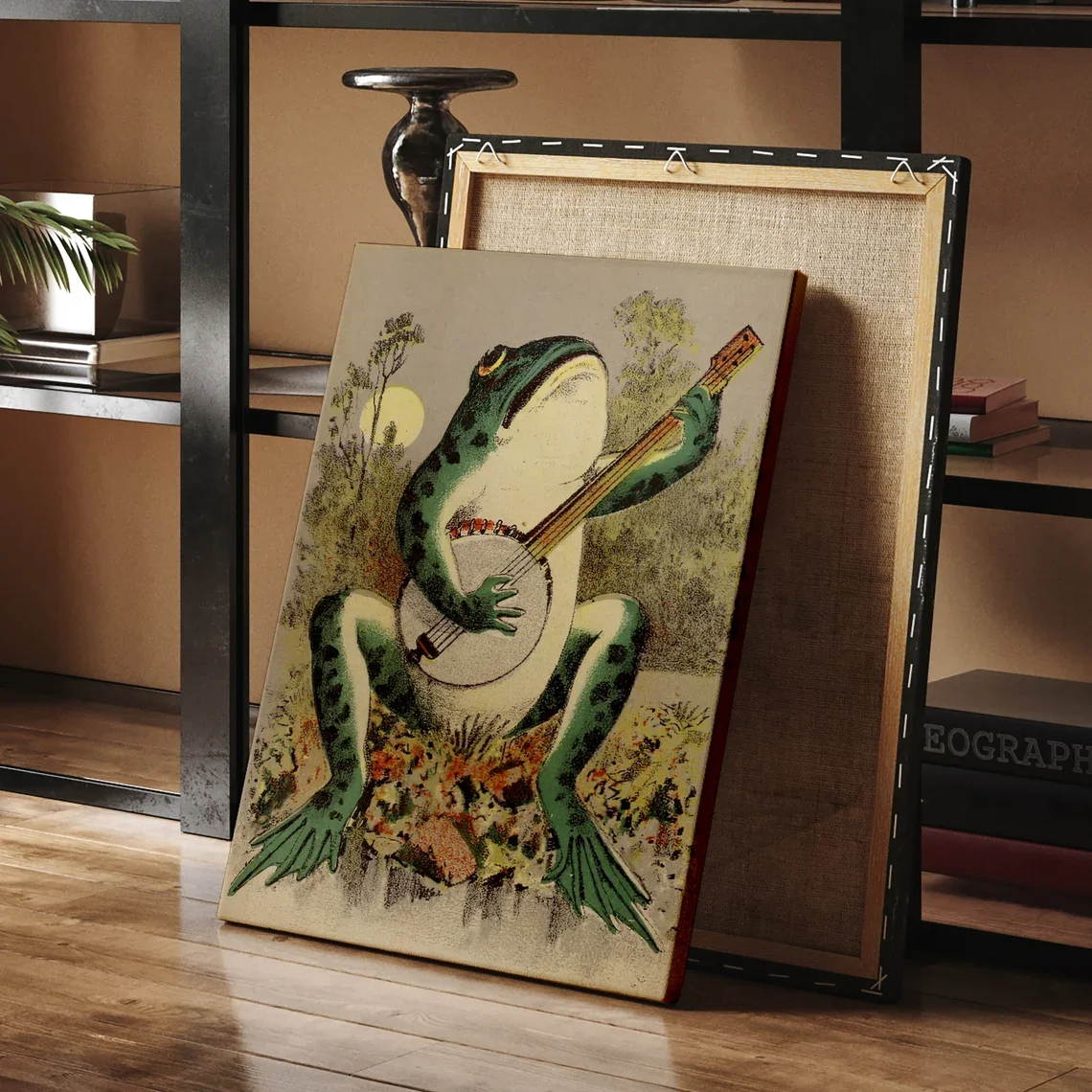 Frog Playing Banjo in The Moonlight, Vintage Poster, Antique Frog Illustration, Printable Wall Art, Retro Print, Giclee Poster,