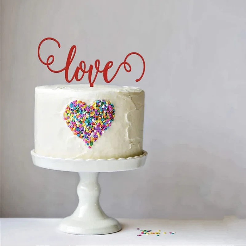 New Acrylic Happy Birthday Cake Topper Red Gold Heart Valentine\'s Day Party Cupcake Toppers for Wedding Party Dessert Decoration