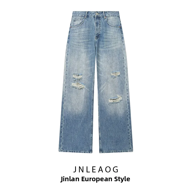 JNLEAOG Women's Casual Loose Jeans Decorative Cuffed Hole Punching Versatile Street Style Polyester Fiber Straight Leg Pants
