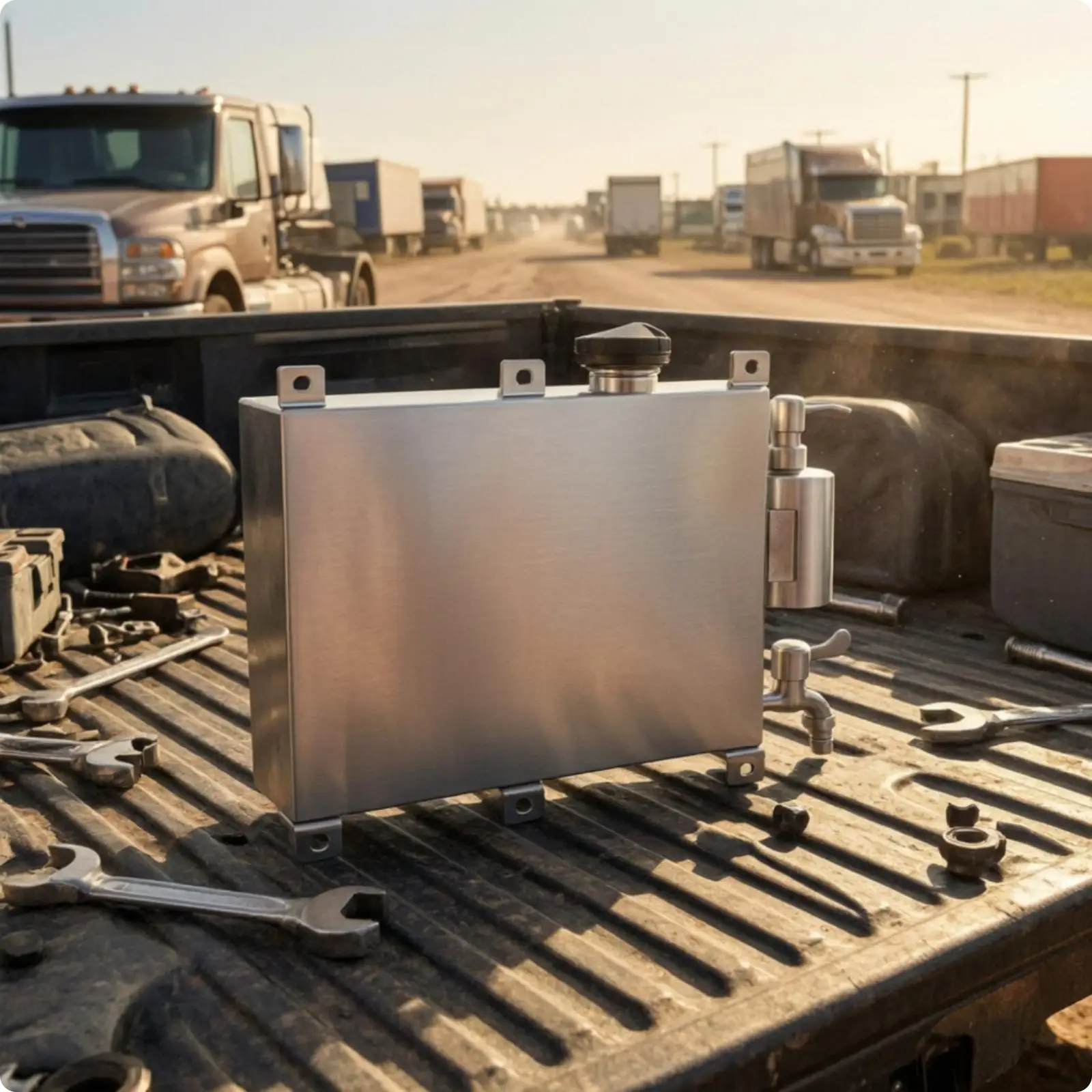 Mobile Truck Water Tank with Metal Faucet and Soap Dispenser for on the Go Hand Cleaning