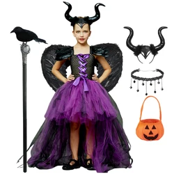 2024 Maleficent Girls Halloween Cosplay Costume Dress Deluxe Children Gown Kids Demon Queen Witch Clothes