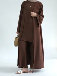 Muslim 3 Piece Set Women Top Cardigan Wide Leg Pants Suit Ramadan Femme Arabic Outfits Morocco Dubai Islam Musulman Ensemble