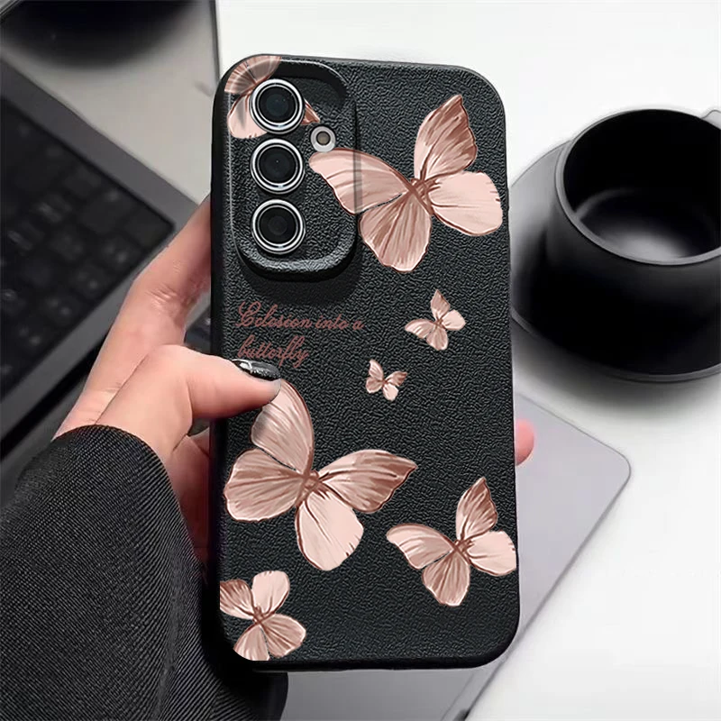 حافظة لهاتف سامسونج جالاكسي S25 S24 S23 Ultra S24 S25 FE S22 S21 Plus غطاء خلفي بنمط الفراشة الوردية