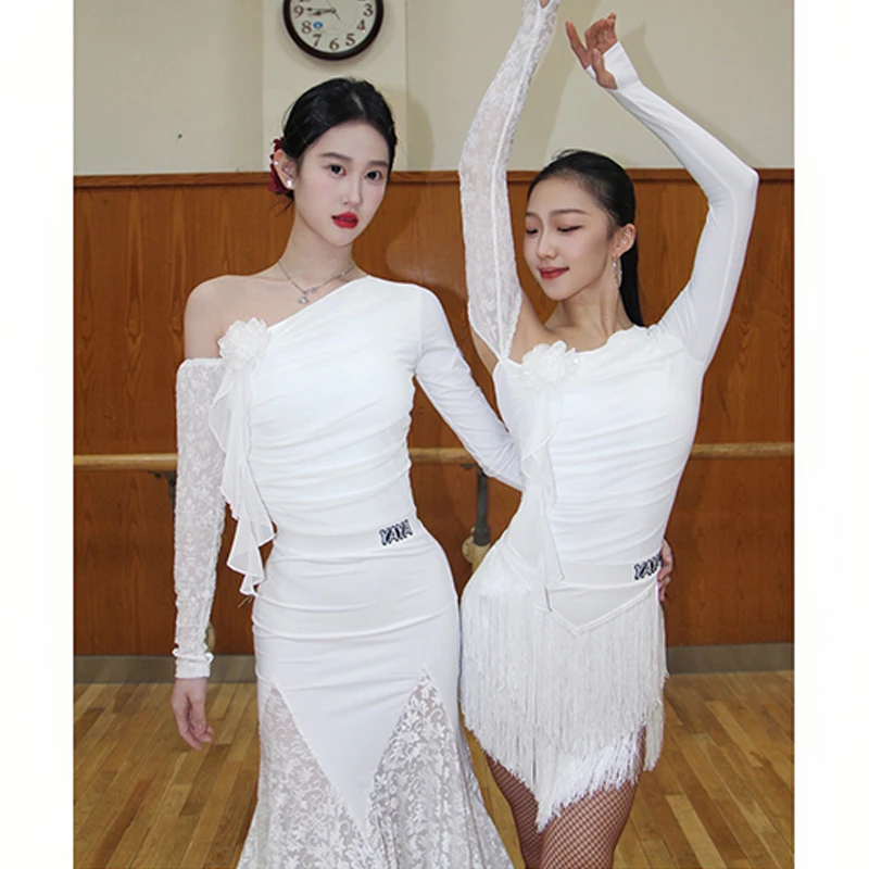 Neue Weiße Latin Ballroom Dance Kleidung Frauen Schräg Schulter Tops Fringe Rock Spitze Ballsaal Rock Prom Wettbewerb Kleid BL14529