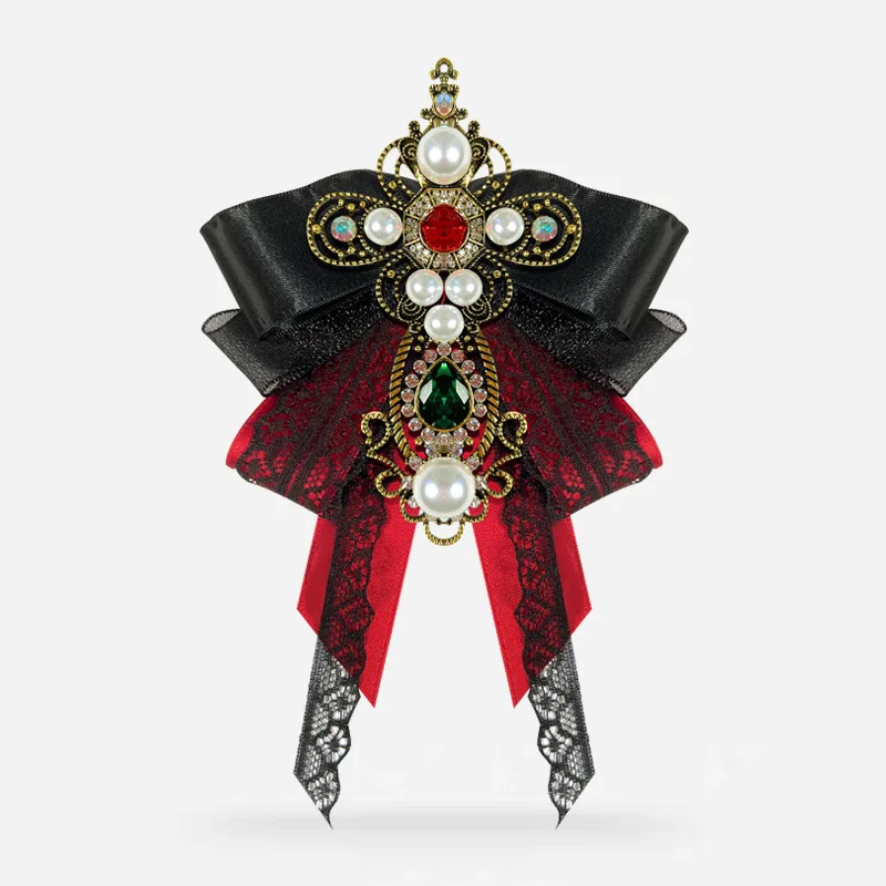 Handmade Jewelry Bow-ties Baroque Vintage Gothic Rhinestones Pearl Cross Court Style Lolita Lace Bowtie Women's Big Bow Brooch