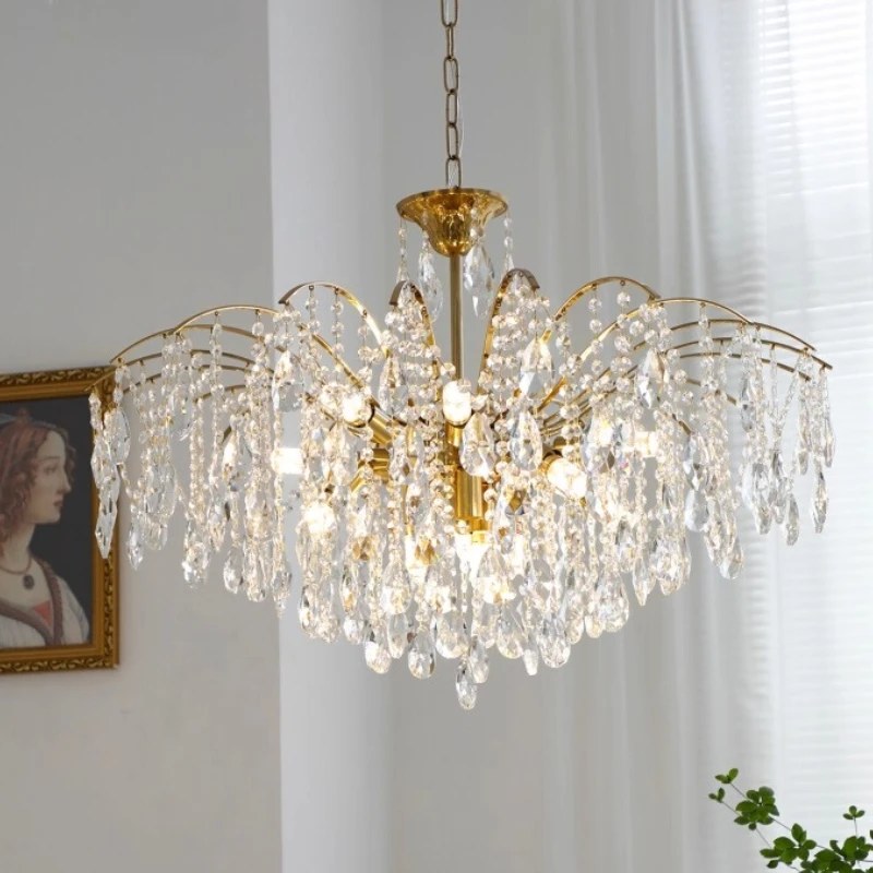 French Retro Teardrop Shape Crystal Tassel Pendant Lights Iron Art Hanging Lamps Living Room Restaurant Hotel Bedroom Chandelier