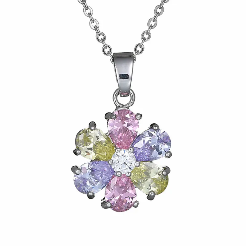 Rose Gold Color Pendants Flower Cluster Clear Crystal Zirconia Sweet Necklaces For Women Jewelry