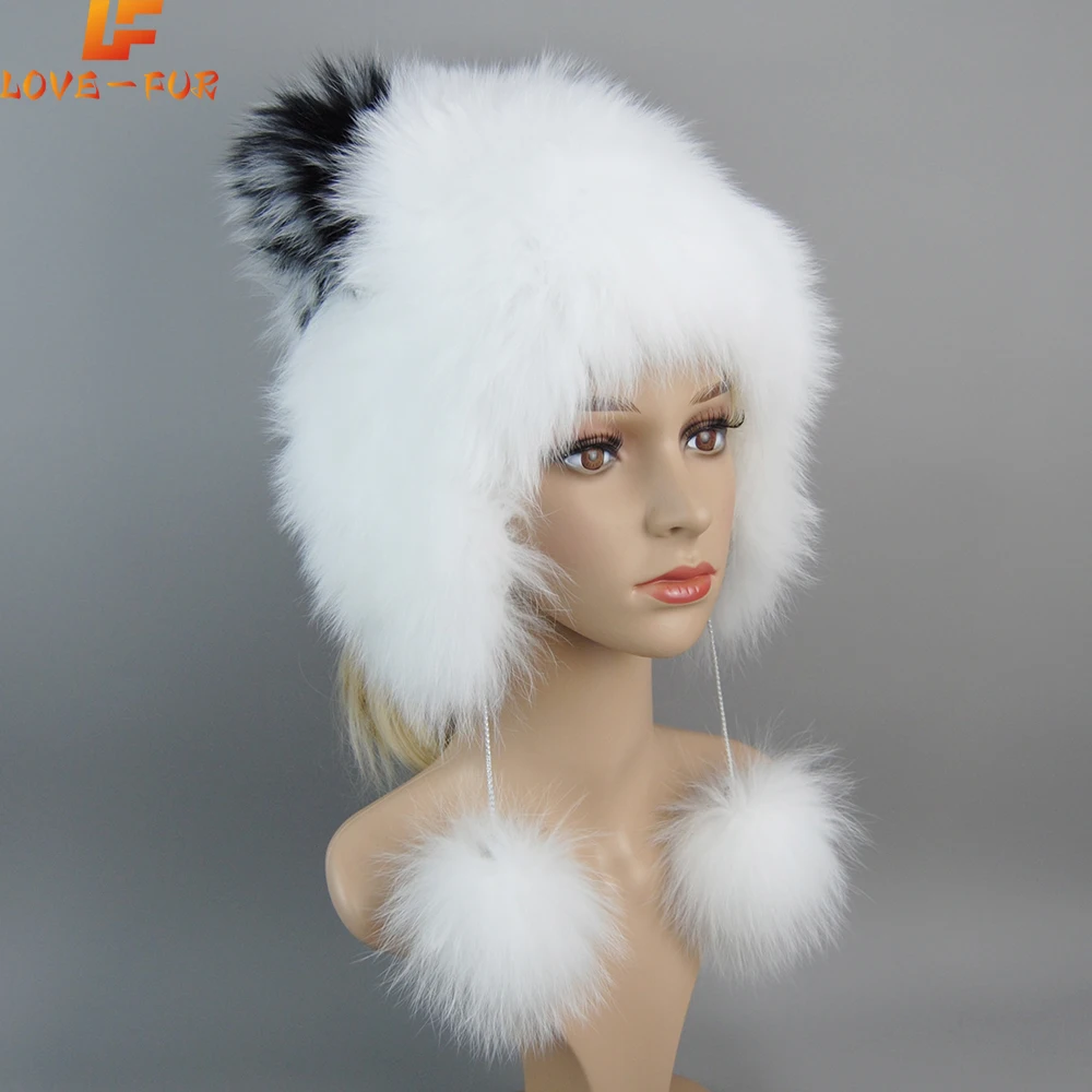 Real Fox Fur Pompom Bomber Winter bonnet Hat Knitted Skullies Beanies Women's Cap Russian Female Beanies Natural Raccoon Fur Hat