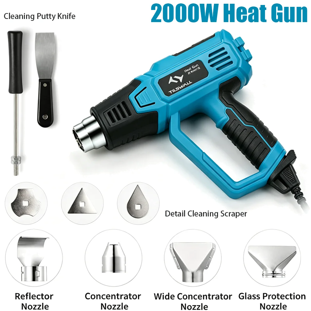 Pistolet thermique 2000W, 2 niveaux de température, 440 ° C/600 ° Stylo à souder numérique LCD avec 4 buses et raclette - Fonction mémoire, mode de refroidissement 30S, chauffage céramique pour soudure, film thermorétractable et loisirs créatifs