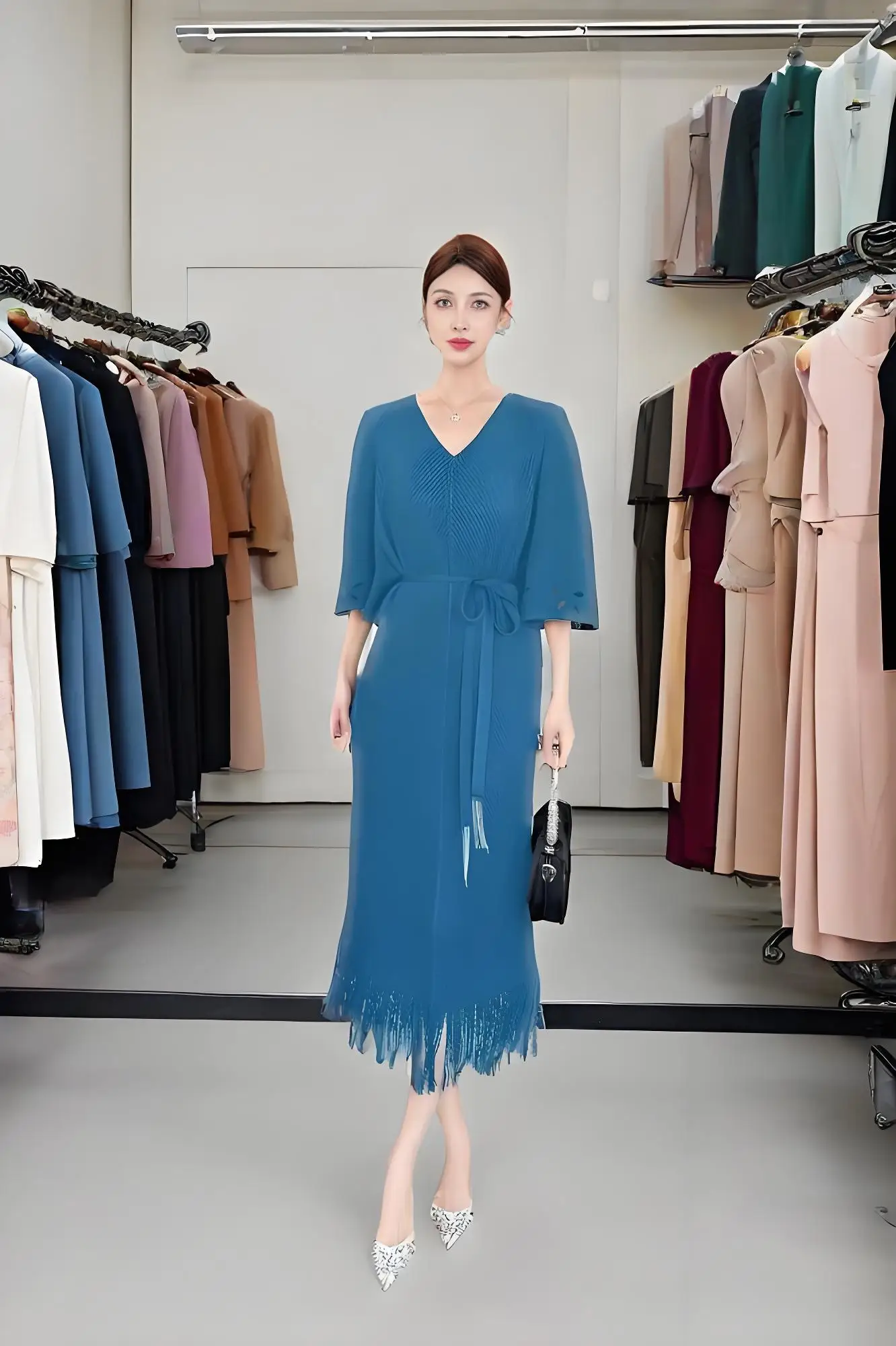 

Miyake Pleated Loose Bat Sleeve V-neck Thin Fringe Hollowed Out Long Dress High-end Temperament Fish Scale Burnt Flower Dresses