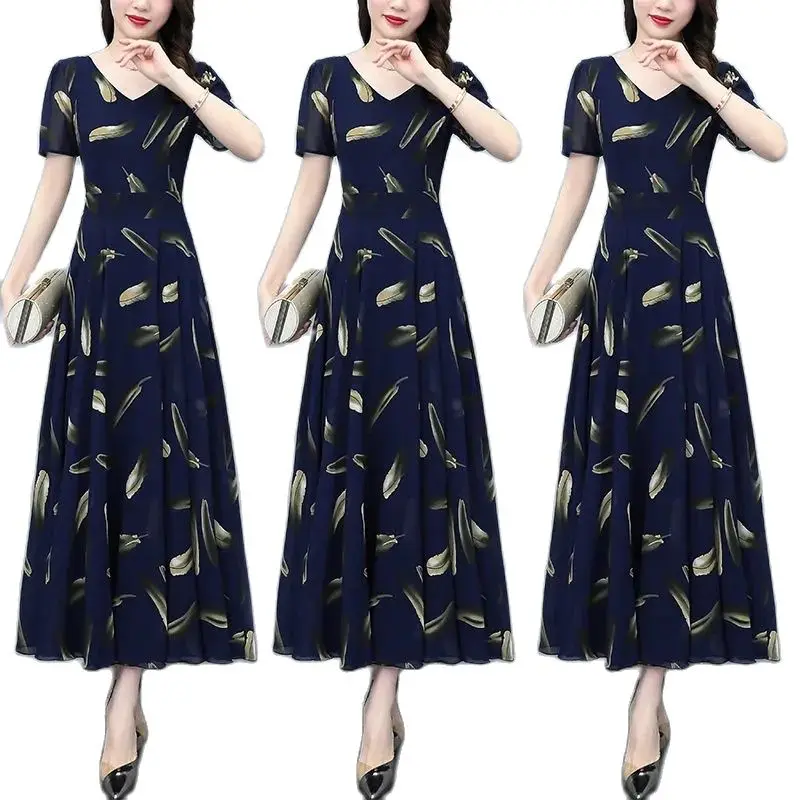 2022 Summer New Fashion Chiffon Floral Dress Women's Clothing Fat Sister Waist Slimming Belly Cover Long Skirt