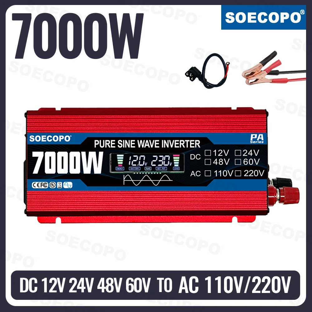 SOECOPO 7000W Pure Sine Wave Inverter 12V - 60V to 110V/220V Car Voltage Converter Power Adapter for Car Accessories Camping