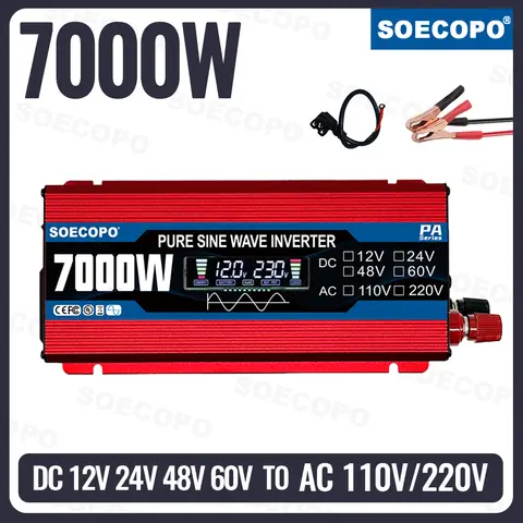 SOECOPO 7000W Pure Sine Wave Inverter 12V - 60V to 110V/220V Car Voltage Converter Power Adapter for Car Accessories Camping