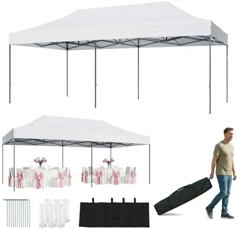 10x20 Pop Up Canopy, Outdoor Canopy Tent with Roller Bag, White | Easy Instant Setup Commercial Party Tents for Wedding