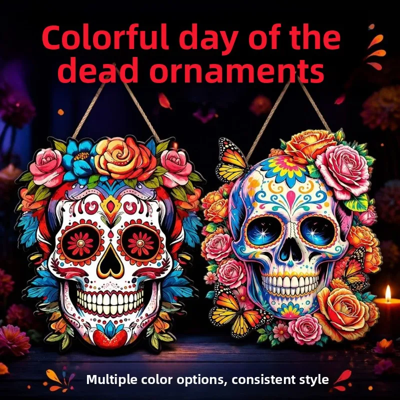 Wooden Sugar Skull Pendant – Mexican Day of the Dead Decoration, Halloween Home Decor Display