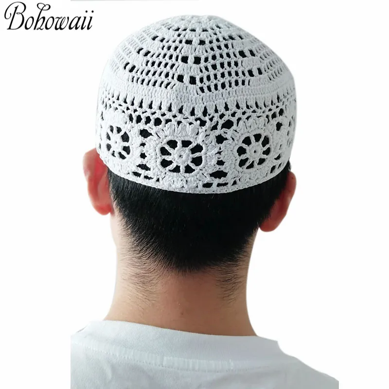 BOHOWAII Islam Homme Prayer Hats Breathable Kippa Bonnet Musulman Homme Cotton Skull Cap Crochet Beanie Kufi Muslim Caps for Men