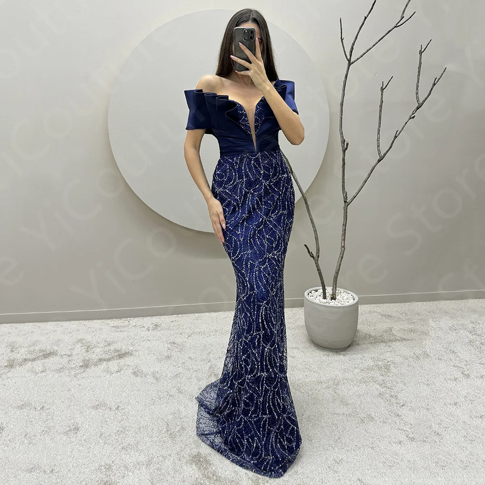 Latest Sparkling Evening Dress Royal Blue Mermaid Prom Gowns Off Shoulder Sleeve Wedding Party Dresses 2024 Back Out Sweep Train