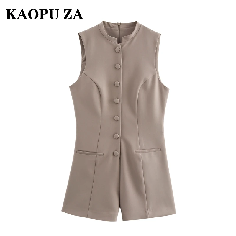 KAOPU ZA 2024 Autumn Wear New Lady Casual Button Jumpsuit Shorts Commuting Spring Female Stand Collar Ruffles zipper Sleeveless