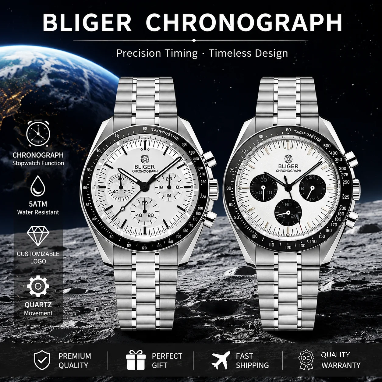 BLIGER 40mm Moon Quartz Watch For Men VK63 Chronograph Bubble Crystal Waterproof Stainless Steel Black White Dial Business Watch