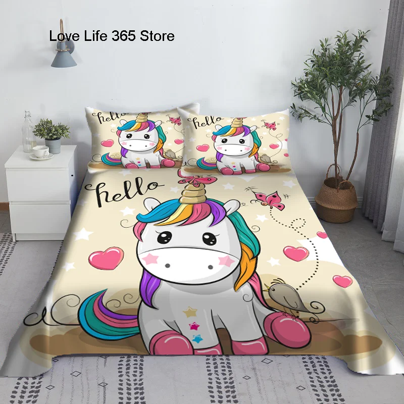 Pink Unicorn Sheet 3D Printed Cartoon Polyester Bed Flat Cover With Pillowcase Kids Girls Children Bedding Gift