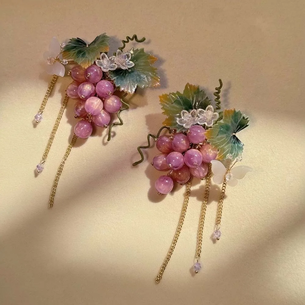 

Creative Waterproof Grape Hair Clip Small Tassel Chinese Style Side Clip Purple Green Glass Beads Hairpins Portable