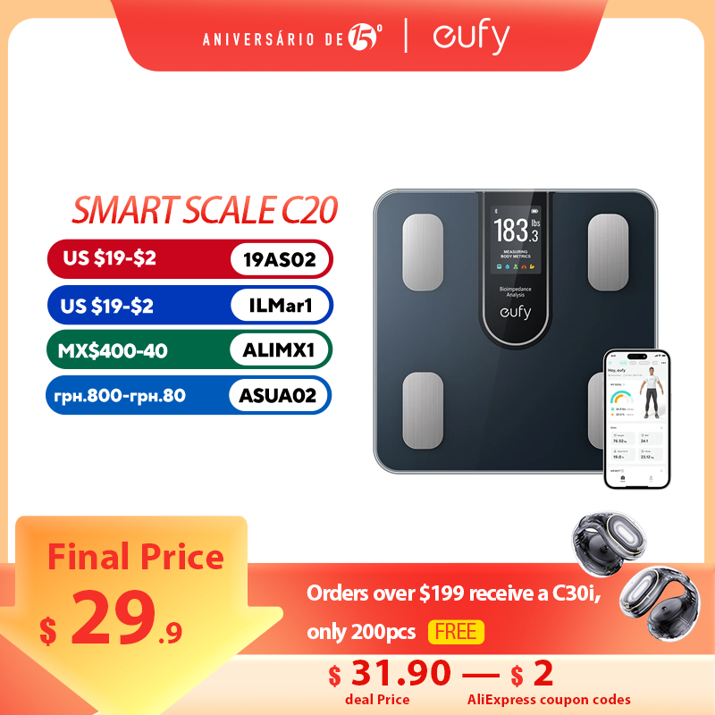 eufy Smart Scale C20 Digital Bathroom Body Fat Scale With Larger TFT Screen All-In-One Display for Offline Use Scale