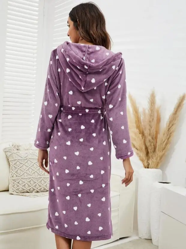 Loose Coral Fleece Home Clothes Lounge Wear Winter Flannel Hooded Robe Nightgown Kimono Bathrobe Gown Thickened Warm Sleepwear